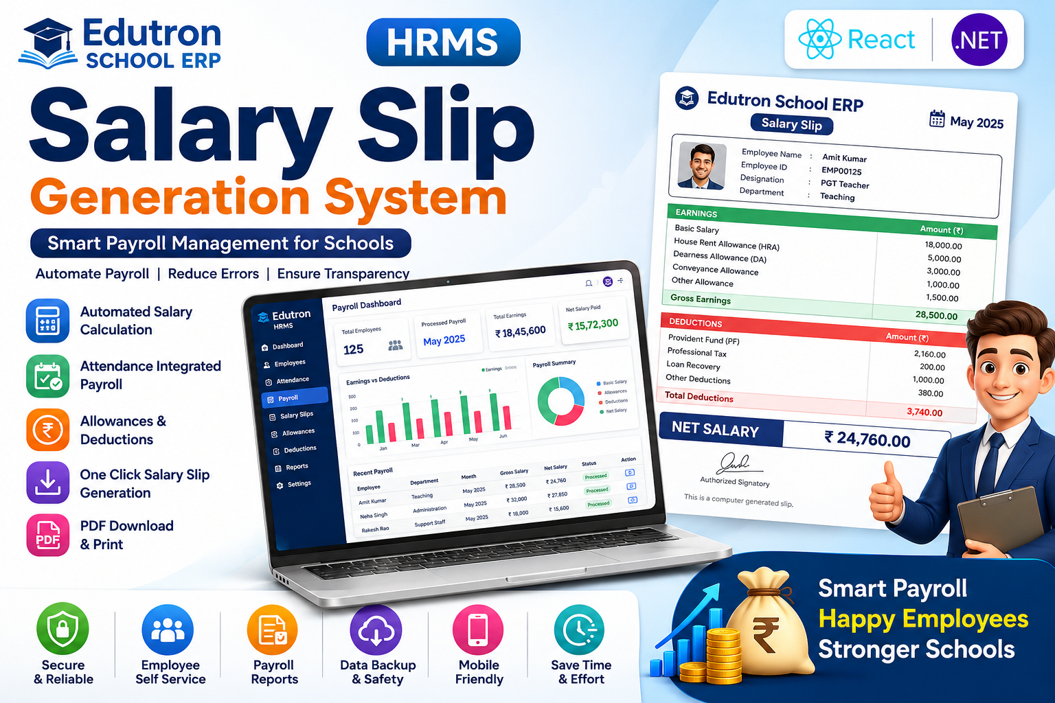 Salary Slip Generation System in Edutron School ERP HRMS (React & .NET) | Automated Payroll Management for Schools